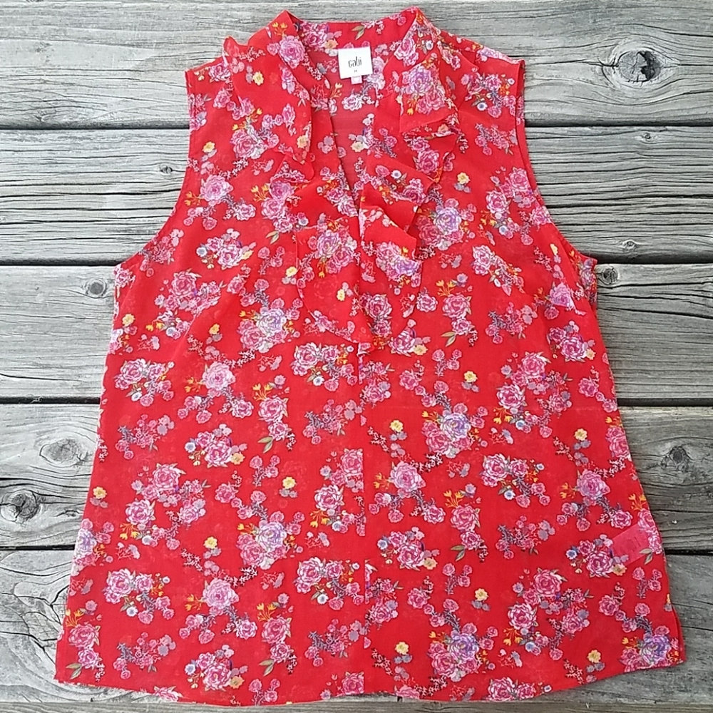 cabi Sleeveless Floral Split-neck Ruffle Top